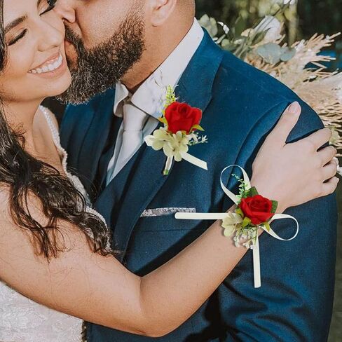 Latious Bride Wedding Corsage and Boutonniere Set Rose Wrist Corsages and Men Boutonnieres Set Prom Flowers Accessories Suit Decorations for Bride and Groom (1-White) in Saudi Arabia