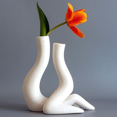 White Abstract Ceramic Flower Vase Set of 2 for Modern Home Decor, Boho Trendy Unique Vase for Table Centerpieces Decorations, Textured Conteporary House Decorations Floreros Grandes for Nightstand. in Saudi Arabia