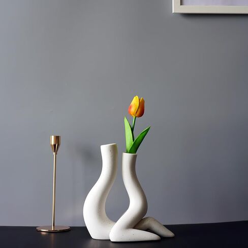White Abstract Ceramic Flower Vase Set of 2 for Modern Home Decor, Boho Trendy Unique Vase for Table Centerpieces Decorations, Textured Conteporary House Decorations Floreros Grandes for Nightstand. in Saudi Arabia
