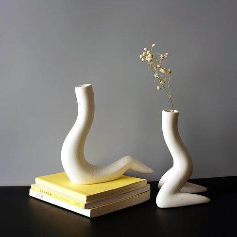 White Abstract Ceramic Flower Vase Set of 2 for Modern Home Decor, Boho Trendy Unique Vase for Table Centerpieces Decorations, Textured Conteporary House Decorations Floreros Grandes for Nightstand. in Saudi Arabia