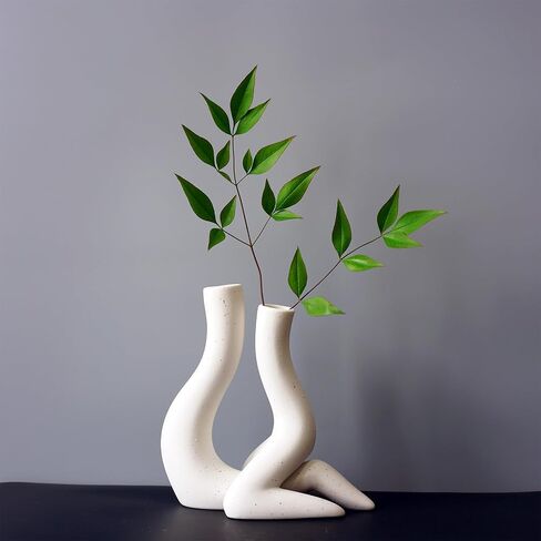 White Abstract Ceramic Flower Vase Set of 2 for Modern Home Decor, Boho Trendy Unique Vase for Table Centerpieces Decorations, Textured Conteporary House Decorations Floreros Grandes for Nightstand. in Saudi Arabia