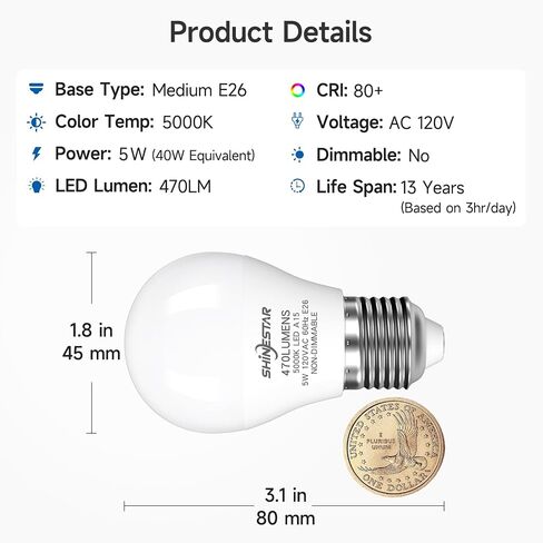 SHINESTAR 8-Pack Ceiling Fan Light Bulbs, 5 Watt (40W Equivalent), E26 Base, A15 Shape LED Bulb, 5000K Daylight White, High CRI 80+, Non-Dimmable in Saudi Arabia