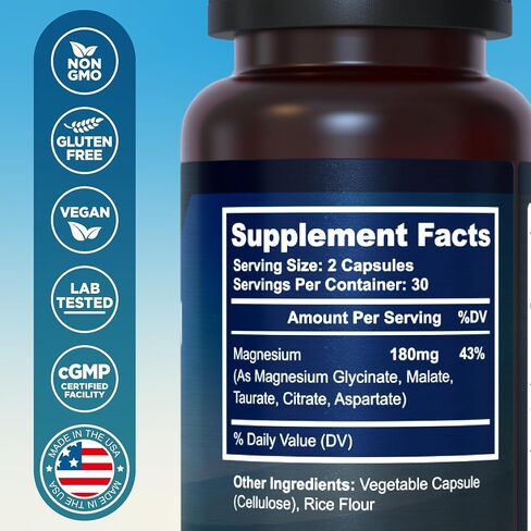 5-in-1 Magnesium Complex - High Absorption - Chelated Magnesium Glycinate, Malate, Citrate, Taurate, & Aspartate for Nerves, Muscles, Bones | 60 Capsules | Magnesium Supplement in Saudi Arabia