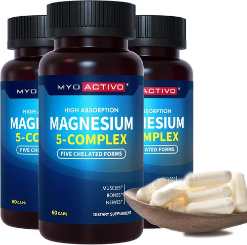 5-in-1 Magnesium Complex - High Absorption - Chelated Magnesium Glycinate, Malate, Citrate, Taurate, & Aspartate for Nerves, Muscles, Bones | 60 Capsules | Magnesium Supplement in Saudi Arabia