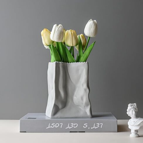 Modern Paper Bag Shape Ceramic Vase Set of 2 for Living Room Bedroom 5.59'' Light Gray Minimalist Unique Creative Fresh Flower Vases for Home Decor Office Centerpieces Gift for Fake Plant in Saudi Arabia