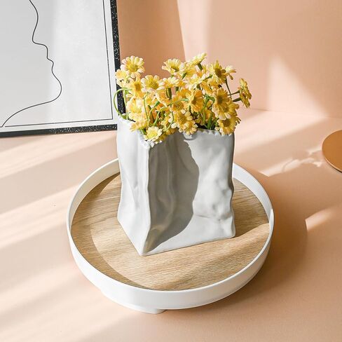 Modern Paper Bag Shape Ceramic Vase Set of 2 for Living Room Bedroom 5.59'' Light Gray Minimalist Unique Creative Fresh Flower Vases for Home Decor Office Centerpieces Gift for Fake Plant in Saudi Arabia