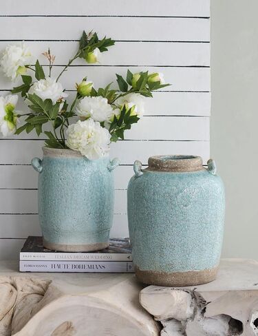 A and B Home 14" H Pale Turquoise Ceramic Indoor Outdoor Candia Vase, Home Décor in Saudi Arabia
