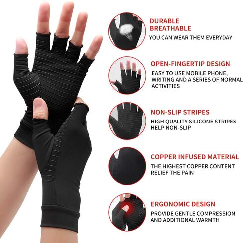 Copper Compression Arthritis Gloves, Best Copper Infused Glove for Women and Men, Fingerless Arthritis Gloves, Pain Relief and Healing for Arthritis, Carpal Tunnel, 1 Pair in Saudi Arabia