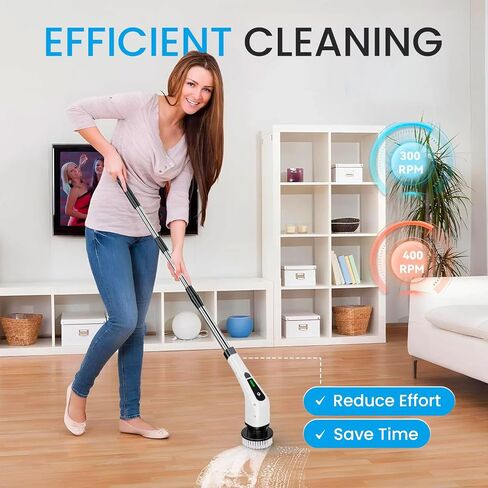 Electric Spin Scrubber - Cordless Cleaning Rechargeable Power Brush - 10 Replaceable Brush Heads Including 3 Extra Heads - Adjustable Extension Handle - 2 Speeds for Bathroom, Shower, Floor in Saudi Arabia