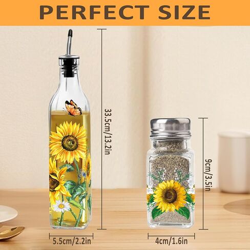 Sunflower Decor Oil & Vinegar Bottle Salt and Pepper Shaker Set, Sunflower Gifts Decorations for Kitchen, Sunflower 17oz Glass Olive Oil Dispenser Bottle and Salt Pepper Shaker Kitchen Decor Set in Saudi Arabia