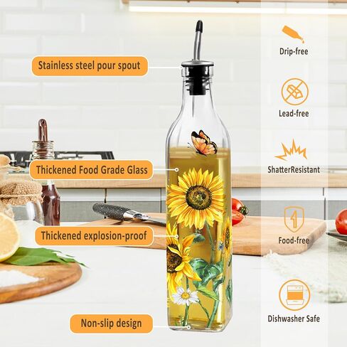 Sunflower Decor Oil & Vinegar Bottle Salt and Pepper Shaker Set, Sunflower Gifts Decorations for Kitchen, Sunflower 17oz Glass Olive Oil Dispenser Bottle and Salt Pepper Shaker Kitchen Decor Set in Saudi Arabia