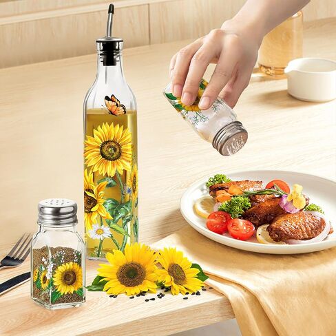 Sunflower Decor Oil & Vinegar Bottle Salt and Pepper Shaker Set, Sunflower Gifts Decorations for Kitchen, Sunflower 17oz Glass Olive Oil Dispenser Bottle and Salt Pepper Shaker Kitchen Decor Set in Saudi Arabia