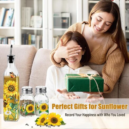 Sunflower Decor Oil & Vinegar Bottle Salt and Pepper Shaker Set, Sunflower Gifts Decorations for Kitchen, Sunflower 17oz Glass Olive Oil Dispenser Bottle and Salt Pepper Shaker Kitchen Decor Set in Saudi Arabia