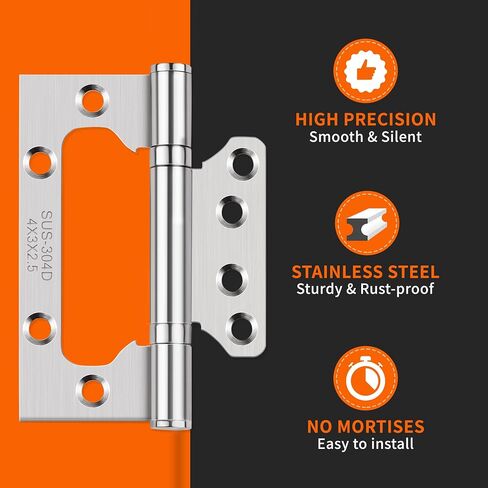 TPOHH 4 Inch X 3 Inch Stainless Steel Ball Bearing No-mortise Door Hinges, Surface Mount Flat Leaf Hinge with Mounting Screws 3 Pack - Smooth Movement Rotatable 360°, Brushed Silver Finish in Saudi Arabia