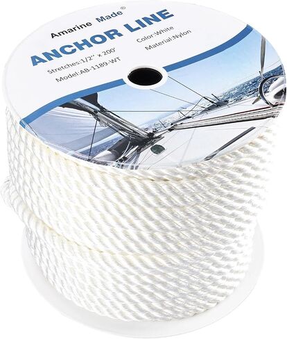 Amarine Made 1/2 inch 200 feet 3 Strand Twisted Nylon Anchor Line, Multipurpose Anchor Rope, Solid Braided Boat Anchor Rope for Boating, Anchoring, Pulling, White in Saudi Arabia