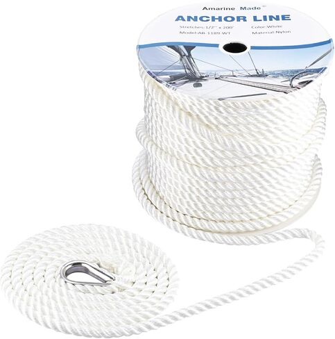 Amarine Made 1/2 inch 200 feet 3 Strand Twisted Nylon Anchor Line, Multipurpose Anchor Rope, Solid Braided Boat Anchor Rope for Boating, Anchoring, Pulling, White in Saudi Arabia