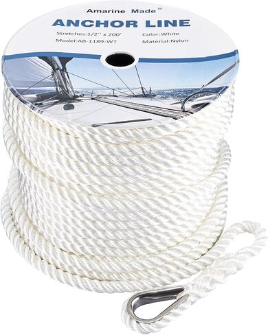Amarine Made 1/2 inch 200 feet 3 Strand Twisted Nylon Anchor Line, Multipurpose Anchor Rope, Solid Braided Boat Anchor Rope for Boating, Anchoring, Pulling, White in Saudi Arabia