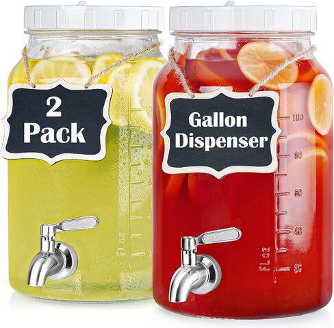 2 Pack 1 Gallon Glass Drink Dispensers for Parties. Glass Beverage Dispenser w Screw Cap(100% Airtight Silicone Ring), Stainless Steel Spigot 100% Leakproof. Laundry Detergent Dispenser Scale Mark in Saudi Arabia