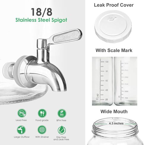 2 Pack 1 Gallon Glass Drink Dispensers for Parties. Glass Beverage Dispenser w Screw Cap(100% Airtight Silicone Ring), Stainless Steel Spigot 100% Leakproof. Laundry Detergent Dispenser Scale Mark in Saudi Arabia