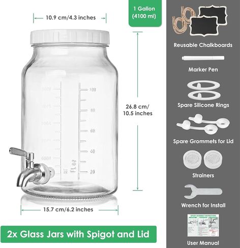 2 Pack 1 Gallon Glass Drink Dispensers for Parties. Glass Beverage Dispenser w Screw Cap(100% Airtight Silicone Ring), Stainless Steel Spigot 100% Leakproof. Laundry Detergent Dispenser Scale Mark in Saudi Arabia