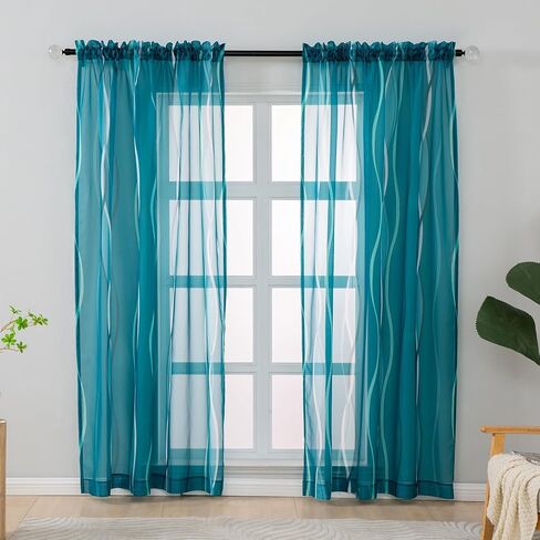 ستائر شفافة باللون الأزرق المخضر والأبيض بطول 84 بوصة مكونة من لوحتين لغرفة المعيشة، ستائر فوال شفافة وستائر لغرفة النوم وغرفة الطعام وغرفة الأطفال، ستائر نافذة بنمط موجة جيب (55 عرض × 84 طول) in Kuwait