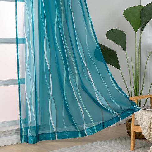 ستائر شفافة باللون الأزرق المخضر والأبيض بطول 84 بوصة مكونة من لوحتين لغرفة المعيشة، ستائر فوال شفافة وستائر لغرفة النوم وغرفة الطعام وغرفة الأطفال، ستائر نافذة بنمط موجة جيب (55 عرض × 84 طول) in Kuwait