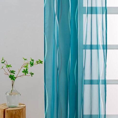 ستائر شفافة باللون الأزرق المخضر والأبيض بطول 84 بوصة مكونة من لوحتين لغرفة المعيشة، ستائر فوال شفافة وستائر لغرفة النوم وغرفة الطعام وغرفة الأطفال، ستائر نافذة بنمط موجة جيب (55 عرض × 84 طول) in Kuwait