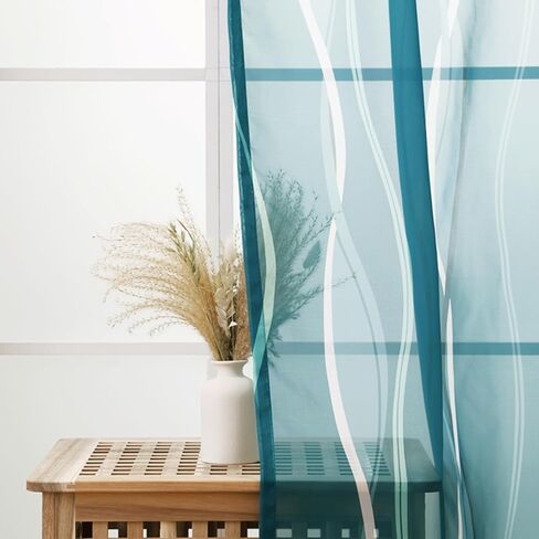 ستائر شفافة باللون الأزرق المخضر والأبيض بطول 84 بوصة مكونة من لوحتين لغرفة المعيشة، ستائر فوال شفافة وستائر لغرفة النوم وغرفة الطعام وغرفة الأطفال، ستائر نافذة بنمط موجة جيب (55 عرض × 84 طول) in Kuwait