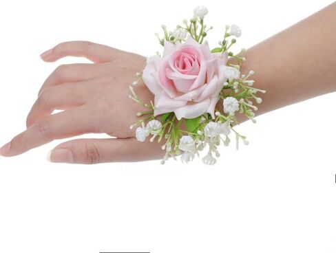 Guqqeuc Rose Wrist Corsage with Stretch Pearl Bracelet for Bridesmaid Flower Wrist Wristband for Girls Wedding Corsage Hand Flower for Wedding Prom Decorations in Kuwait