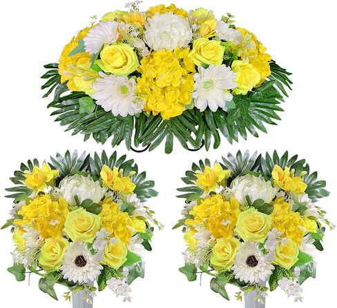 سرج زهرة شاهد القبر من هينومو للقبر، زهور المقبرة الاصطناعية، لون لا ينزف، ديكور خارجي من الوردة الصفراء والفاوانيا البيضاء التذكارية، سهل التركيب in Kuwait