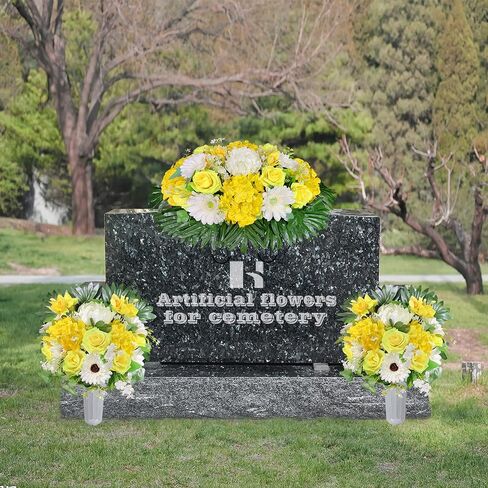 سرج زهرة شاهد القبر من هينومو للقبر، زهور المقبرة الاصطناعية، لون لا ينزف، ديكور خارجي من الوردة الصفراء والفاوانيا البيضاء التذكارية، سهل التركيب in Kuwait