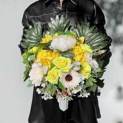 سرج زهرة شاهد القبر من هينومو للقبر، زهور المقبرة الاصطناعية، لون لا ينزف، ديكور خارجي من الوردة الصفراء والفاوانيا البيضاء التذكارية، سهل التركيب in Kuwait