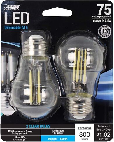 Feit Electric BPA1575/827/FIL/2 75 Watt Equivalent 800 Lumen Dimmable A15 LED Filament Light Bulb E26 Base, 3.2"H x 1.85"D, 2700K (Soft White), 2 Piece in Saudi Arabia