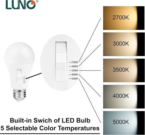 لمبة LED عاكسة للضوء LUNO A19، 6 وات (ما يعادل 40 وات)، 480 لومن، 2700 ك، 3000 ك، 3500 ك، 4000 ك، 5000 ك، لون قابل للاختيار، 5CCT، مدرج في قائمة UL (4 عبوات) in Kuwait