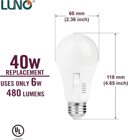 لمبة LED عاكسة للضوء LUNO A19، 6 وات (ما يعادل 40 وات)، 480 لومن، 2700 ك، 3000 ك، 3500 ك، 4000 ك، 5000 ك، لون قابل للاختيار، 5CCT، مدرج في قائمة UL (4 عبوات) in Kuwait