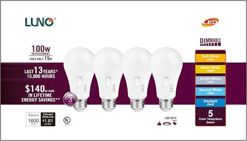 لمبة LED عاكسة للضوء LUNO A19، 6 وات (ما يعادل 40 وات)، 480 لومن، 2700 ك، 3000 ك، 3500 ك، 4000 ك، 5000 ك، لون قابل للاختيار، 5CCT، مدرج في قائمة UL (4 عبوات) in Kuwait