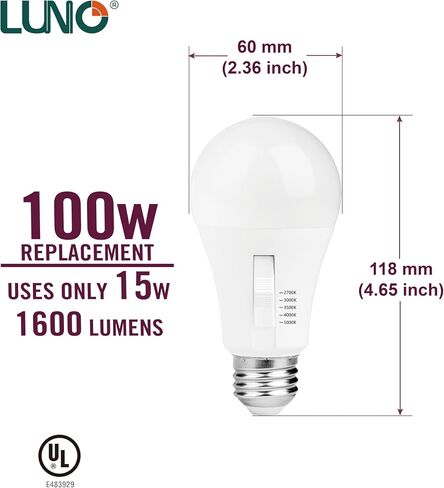 لمبة LED عاكسة للضوء LUNO A19، 6 وات (ما يعادل 40 وات)، 480 لومن، 2700 ك، 3000 ك، 3500 ك، 4000 ك، 5000 ك، لون قابل للاختيار، 5CCT، مدرج في قائمة UL (4 عبوات) in Kuwait