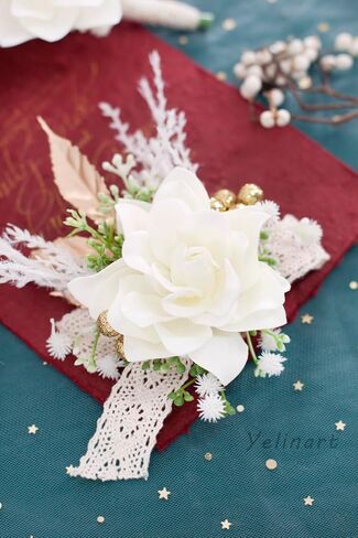 Burgundy Wrist Corsage and Boutonniere Set for Wedding Prom Homecoming Artificial Rose Flowers Men Groom Groomsmen Boutonniere and Women Gril Bridesmaids Wristlet Bracelet Suit Decor in Saudi Arabia