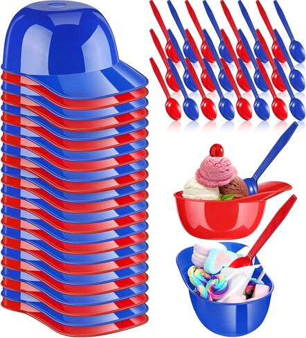 24 Count Summer Baseball Helmet Snack Ice Cream Bowl 24 Pcs Disposable Taster Spoons 8 oz Mini Sundae Bowls Mini Dessert Spoons Plastic Ice Cream Spoon for Party Supplies(Red, Dark Blue) in Saudi Arabia