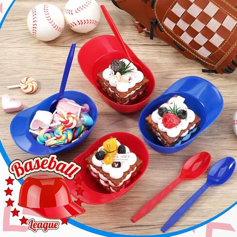 24 Count Summer Baseball Helmet Snack Ice Cream Bowl 24 Pcs Disposable Taster Spoons 8 oz Mini Sundae Bowls Mini Dessert Spoons Plastic Ice Cream Spoon for Party Supplies(Red, Dark Blue) in Saudi Arabia