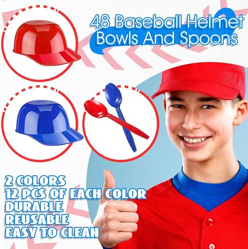 24 Count Summer Baseball Helmet Snack Ice Cream Bowl 24 Pcs Disposable Taster Spoons 8 oz Mini Sundae Bowls Mini Dessert Spoons Plastic Ice Cream Spoon for Party Supplies(Red, Dark Blue) in Saudi Arabia