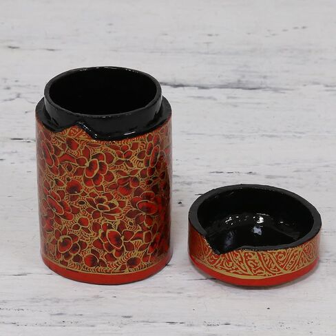 حامل مسواك مصنوع يدويًا من الورق من NOVICA مصنوع يدويًا باللون الأحمر والذهبي والخشب وورق الخشب الهندي وأدوات المائدة وإكسسوارات المطبخ لتخزين "جمال الزهور الحمراء" (متعدد الألوان) in Kuwait