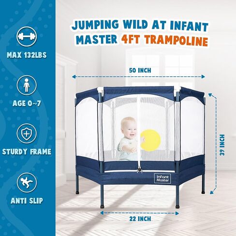Infant Master Recreational Trampoline, Trampoline for Toddler，Small Trampoline with Safety Enclosure Net, 4.16FT, Heavy Duty Frame with High Elasticity, Triple Zipper Design, Indoor & Outdoor, Blue in Kuwait