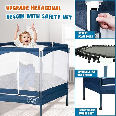 Infant Master Recreational Trampoline, Trampoline for Toddler，Small Trampoline with Safety Enclosure Net, 4.16FT, Heavy Duty Frame with High Elasticity, Triple Zipper Design, Indoor & Outdoor, Blue in Kuwait