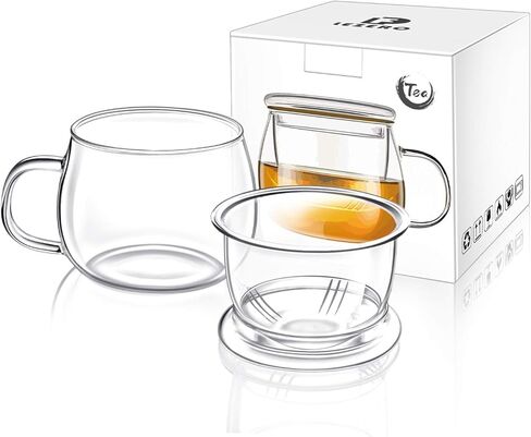 Glass Tea Infuser Cup with Filter and Lids, Borosilicate Glass Tea Mugs with Strainer for Blooming Tea & Loose Leaf Tea, Steeping Tea Cup Gift Kit, Lead-free, Microwave Safe, 14oz in Kuwait
