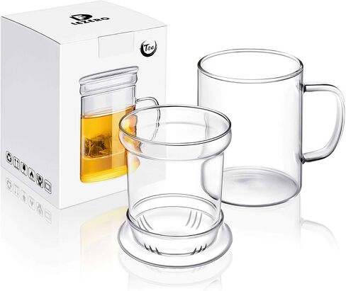Glass Tea Infuser Cup with Filter and Lids, Borosilicate Glass Tea Mugs with Strainer for Blooming Tea & Loose Leaf Tea, Steeping Tea Cup Gift Kit, Lead-free, Microwave Safe, 14oz in Saudi Arabia