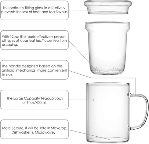 Glass Tea Infuser Cup with Filter and Lids, Borosilicate Glass Tea Mugs with Strainer for Blooming Tea & Loose Leaf Tea, Steeping Tea Cup Gift Kit, Lead-free, Microwave Safe, 14oz in Saudi Arabia