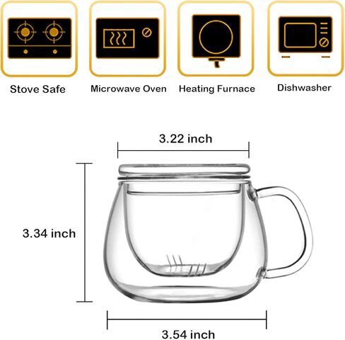 Glass Tea Infuser Cup with Filter and Lids, Borosilicate Glass Tea Mugs with Strainer for Blooming Tea & Loose Leaf Tea, Steeping Tea Cup Gift Kit, Lead-free, Microwave Safe, 14oz in Kuwait