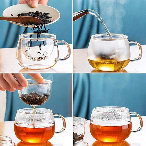 Glass Tea Infuser Cup with Filter and Lids, Borosilicate Glass Tea Mugs with Strainer for Blooming Tea & Loose Leaf Tea, Steeping Tea Cup Gift Kit, Lead-free, Microwave Safe, 14oz in Kuwait