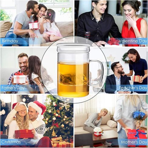 Glass Tea Infuser Cup with Filter and Lids, Borosilicate Glass Tea Mugs with Strainer for Blooming Tea & Loose Leaf Tea, Steeping Tea Cup Gift Kit, Lead-free, Microwave Safe, 14oz in Saudi Arabia